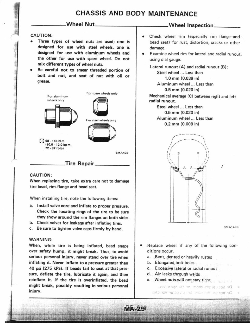 Service manual page on wheel nut, tire repair and wheel inspection with diagrams.