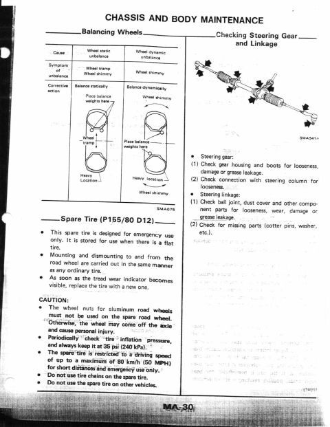 1990 Nissan Micra - This document page details wheel balancing procedures and steering gear inspection with diagrams and cautionary notes.