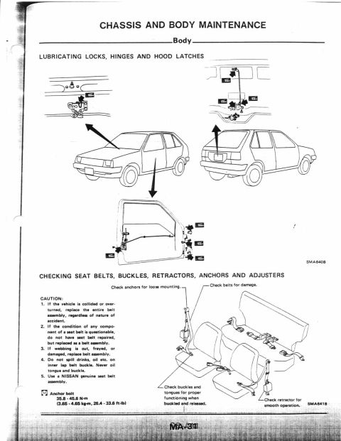 1990 Nissan Micra - This document details chassis and body maintenance procedures, focusing on locks, hinges, and seat belts.