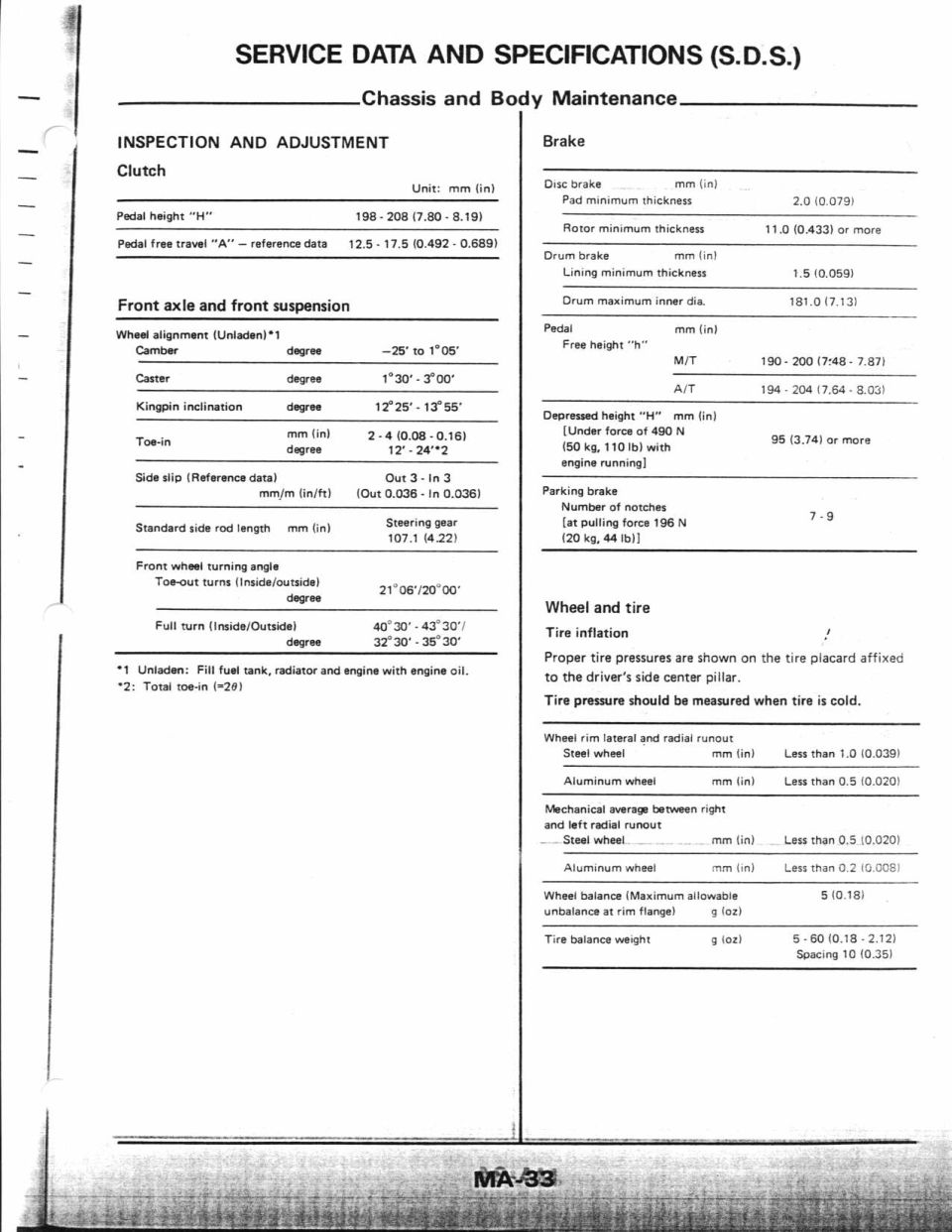 Service manual page MA-33 with chassis and body maintenance specifications tables