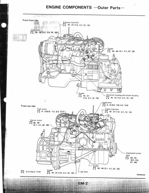 1990 Nissan Micra - Diagram of engine components, detailing outer parts with labels and torque specifications.