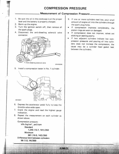 1990 Nissan Micra - This document outlines the steps for performing a compression test on an engine, including necessary tools and expected readings.