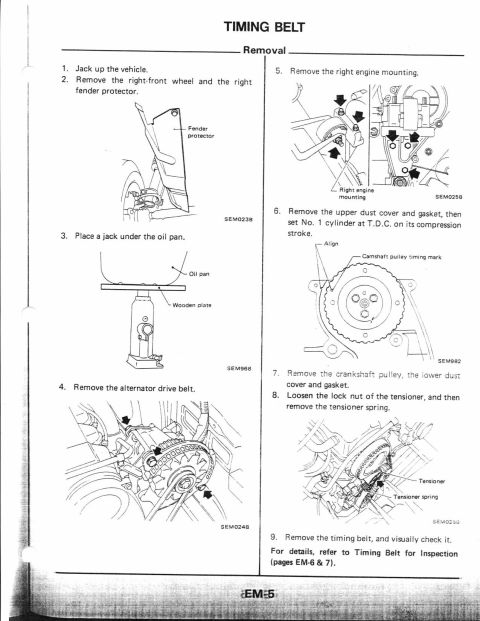 1990 Nissan Micra - This diagram illustrates the steps for removing a vehicle's timing belt, including engine component details.