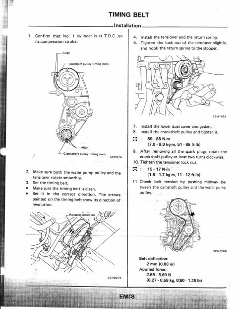 1990 Nissan Micra - Diagram illustrates timing belt installation steps and required torque values for engine maintenance.