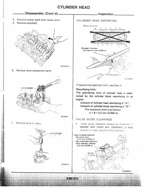 1990 Nissan Micra - This document details the inspection and disassembly procedures for a cylinder head, including measurements for warpage and valve guide cle…