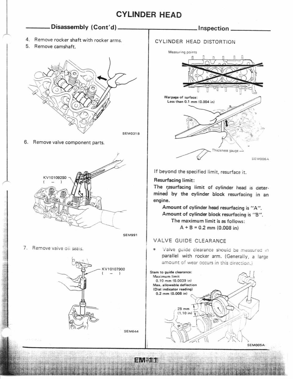 Cylinder head disassembly and inspection page with steps, distortion limits and figures