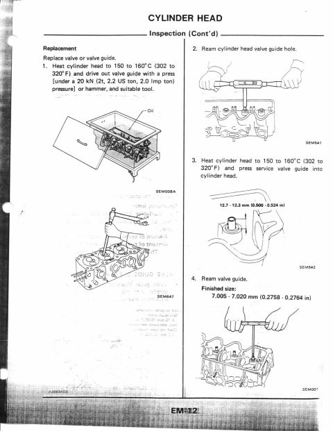1990 Nissan Micra - Technical diagrams detail the process of cylinder head inspection and valve guide replacement.