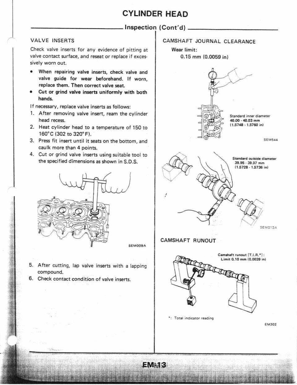 Cylinder head inspection page on valve inserts and camshaft journal clearance with figures