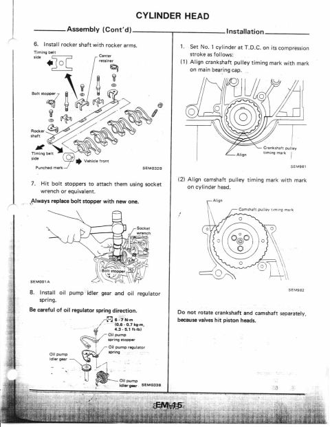 1990 Nissan Micra - This document details the assembly and installation procedures for a Nissan cylinder head, including timing belt and pulley alignment.
