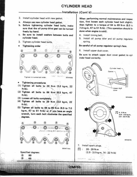 1990 Nissan Micra - This document details cylinder head installation procedures with diagrams and specifications.