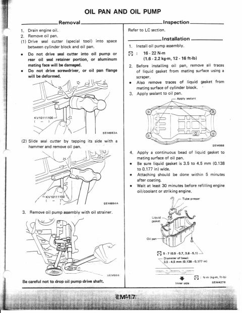 1990 Nissan Micra - This document details the removal, inspection, and installation procedures for an oil pan and oil pump assembly.