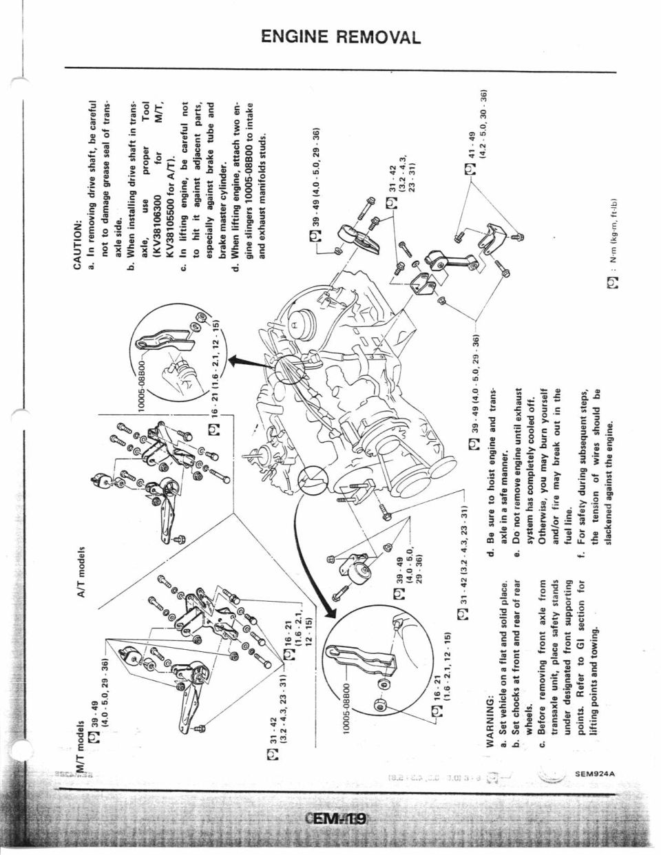 Engine removal procedure showing engine mounts, lifting points, and torque values