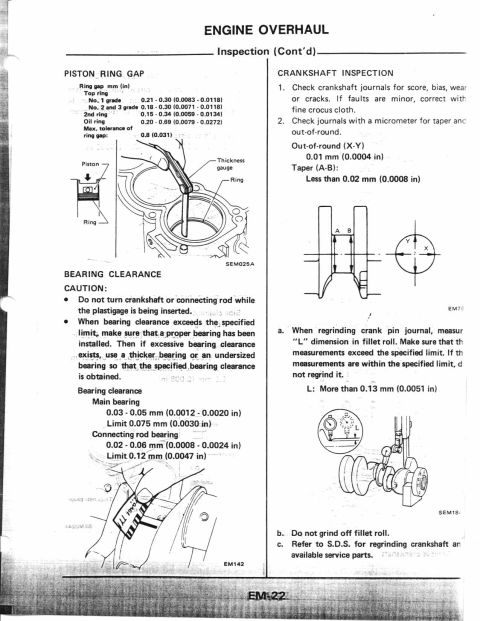 1990 Nissan Micra - This document page details engine overhaul procedures, including piston ring gap and bearing clearance measurements.