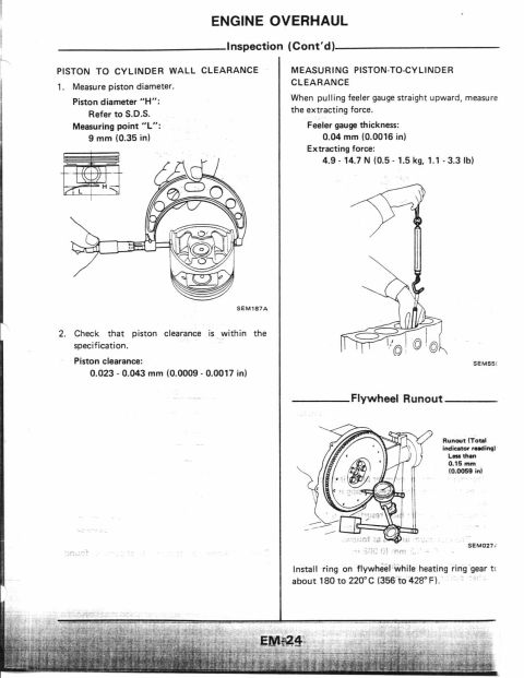 1990 Nissan Micra - This document page details engine overhaul procedures, including piston clearance and flywheel runout measurements.