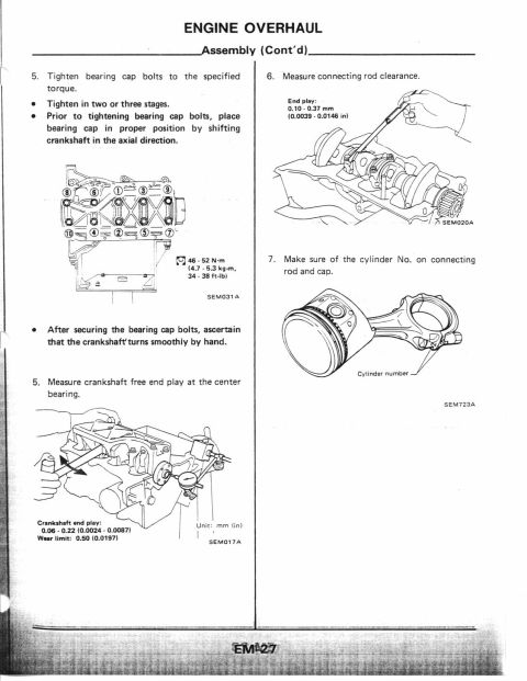 1990 Nissan Micra - This document details engine assembly procedures, including measurements for crankshaft and connecting rod components.