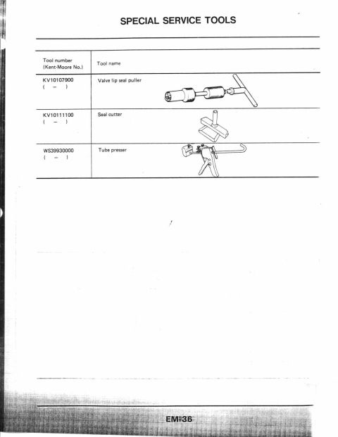 1990 Nissan Micra - This document page details special service tools, including a valve lip seal puller, seal cutter, and tube presser.
