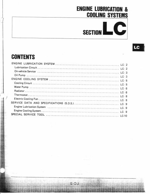 1990 Nissan Micra - This document page lists contents for engine lubrication and cooling systems, including service data and special service tools.
