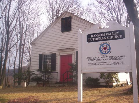 1995 Ford Bronco - Sign for Ransom Valley Lutheran Church in Ransom, PA, with restoration completion date visible.
