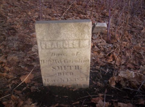 1995 Ford Bronco - A weathered gravestone stands in a natural setting, surrounded by fallen leaves and dry branches.