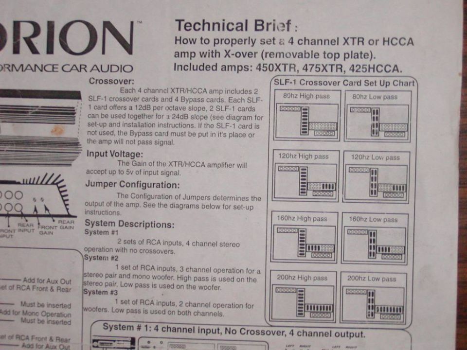 Orion car audio amplifier technical brief page with crossover setup diagrams and text instructions