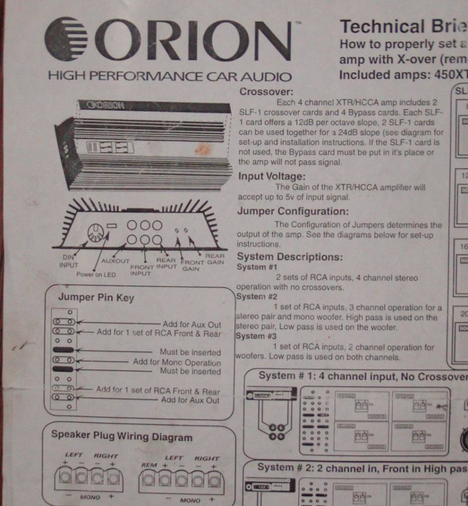 Orion XTR/HCCA amplifier technical brief with jumper pin key and speaker plug wiring diagram