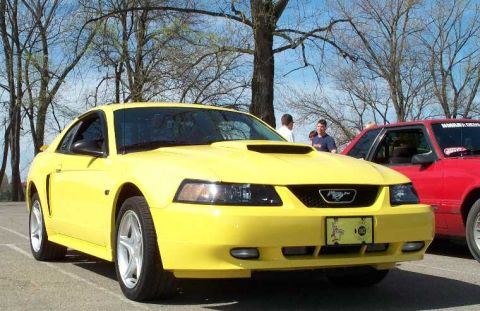 1998 Ford Crown Victoria - A yellow Ford Mustang is parked next to a red car at an outdoor event.