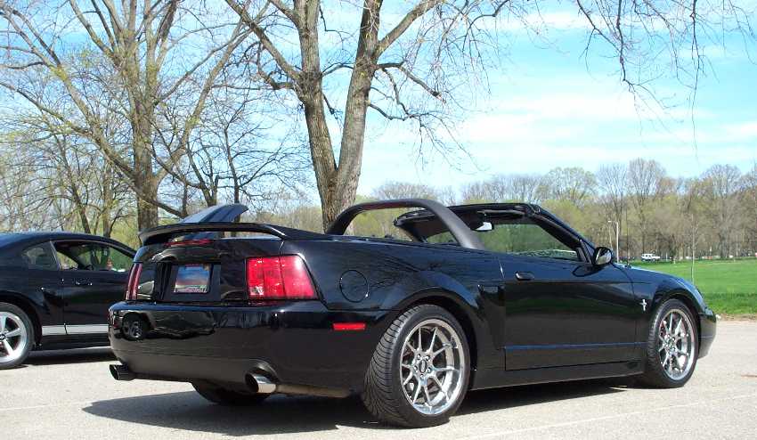 Black Ford Mustang convertible with top down, rear three-quarter view in a park lot