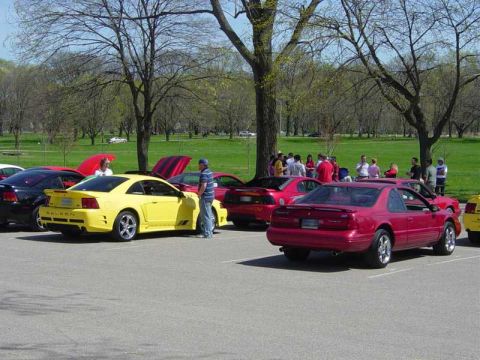 1998 Ford Crown Victoria - Several cars are parked in a lot with people milling around in the background under a sunny sky.