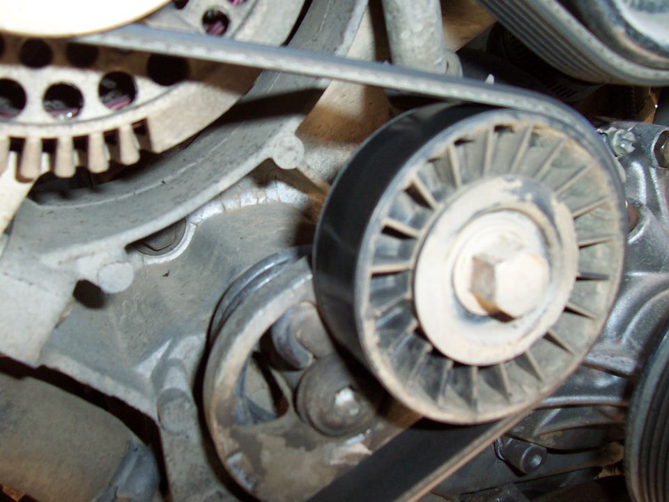 Engine front showing serpentine belt idler pulley, alternator and tensioner