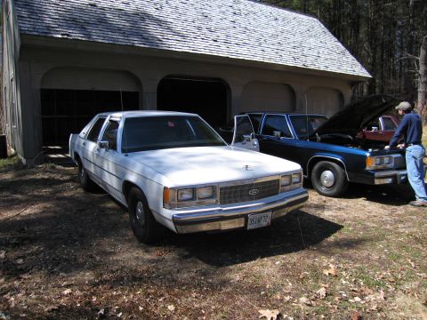 1991 Ford LTD Crown Victoria - Two Ford Crown Victorias, one white and one blue, are parked outside a garage. The blue car's hood is open.