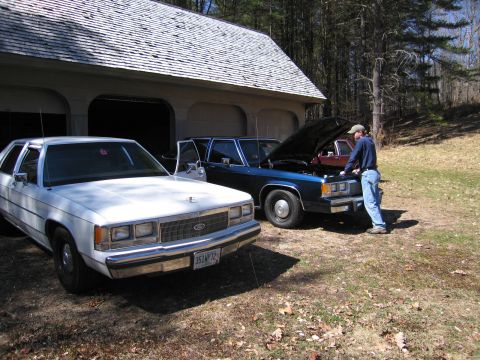 1991 Ford LTD Crown Victoria - Two Ford Crown Victorias are parked outside a garage on a sunny day, one with its hood up.