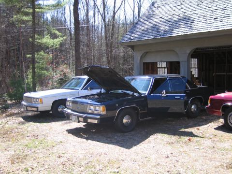 1991 Ford LTD Crown Victoria - Two sedans and a partial view of a third car are parked outside a garage with the hood of the dark blue sedan open.