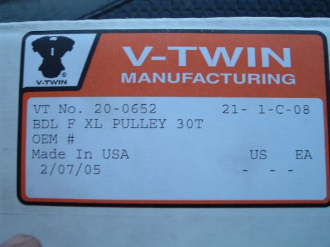 1995 Mercury Grand Marquis - A product label from V-Twin Manufacturing details a pulley part number and manufacturing date.