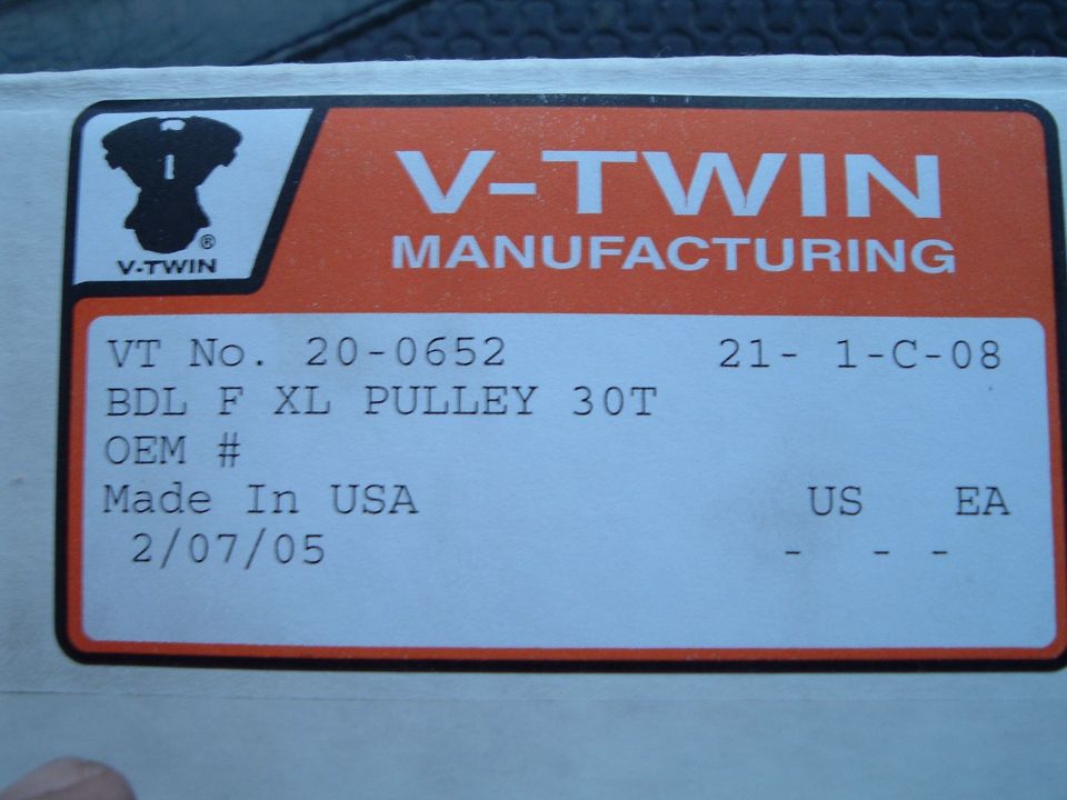 Label for V-Twin Manufacturing pulley, part number 20-0652, made in USA on 2/07/05
