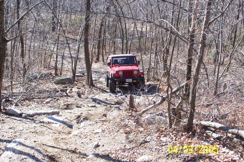 1979 Ford Bronco - A red Jeep Wrangler navigates a rocky, wooded trail during the daytime.