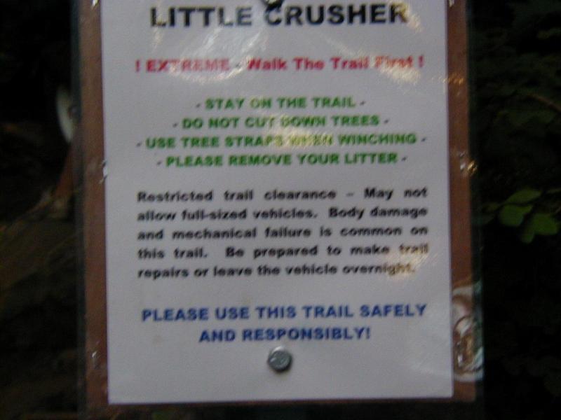 Trail sign with rules for 'Little Crusher' trail