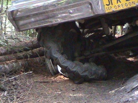 1978 Ford Bronco - 1978 Ford Bronco's rear tire navigating rough terrain in a wooded area.