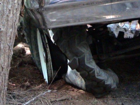 1978 Ford Bronco - A vehicle's tire is deeply embedded in the dirt, with a tree trunk close by.