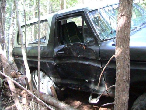 1978 Ford Bronco - A damaged 1978 Ford Bronco sits off-road, surrounded by trees and fallen logs.