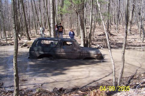 1979 Ford Bronco - A 1979 Ford Bronco is stuck in a muddy water hole surrounded by trees, with onlookers standing nearby.
