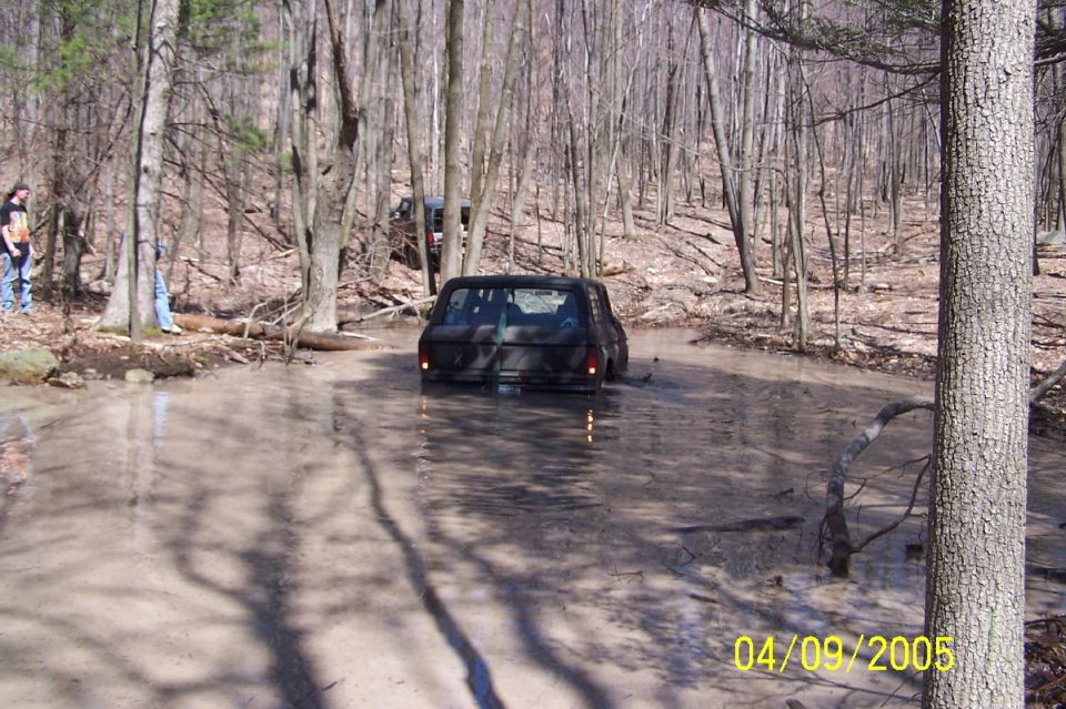 Black SUV driving through muddy water in a forest, rear view