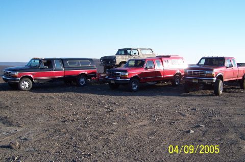1979 Ford Bronco - Multiple trucks and a Bronco are parked on a barren, dusty landscape.
