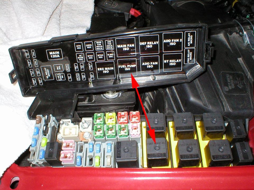 Underhood fuse and relay box with red arrows pointing to relays