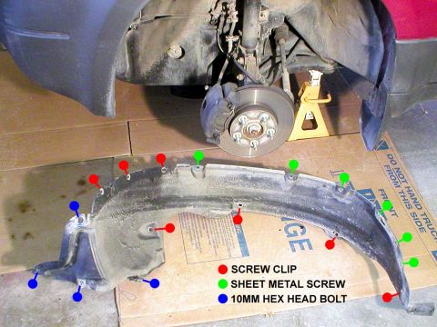 2003 Ford Escape - Here’s a pic of the fender liner after removal. Fastener locations and type are noted. Hint: You’ll see I was able to remove the liner with…