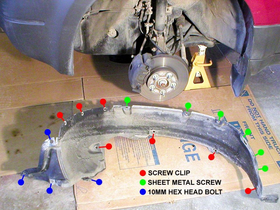 Here’s a pic of the fender liner after removal.
Fastener locations and type are noted.
Hint:
You’ll see I was able to remove the liner without having to remove the splash guard.