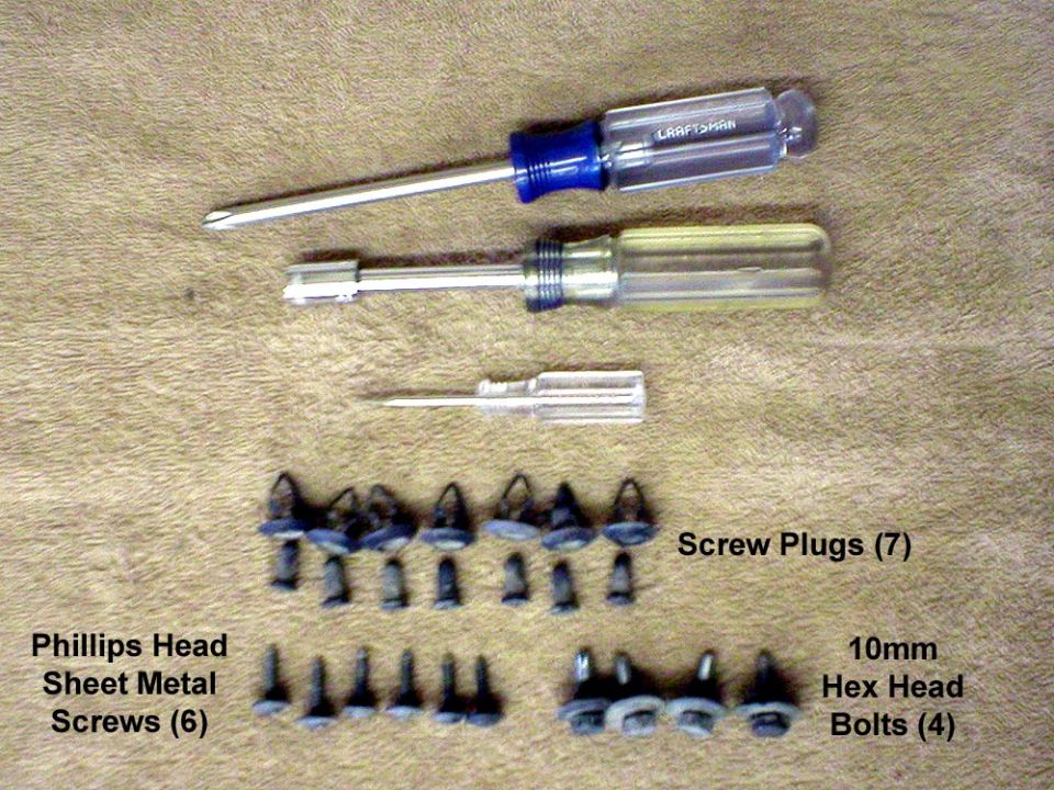 Here’s all the hardware, and tools used.
The small screwdriver was used to pop out the plastic screw-plugs.
The nut driver is a 10mm hex.