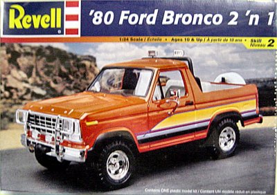 1986 Ford Bronco - Box art for a Revell '80 Ford Bronco 2 'n 1 model kit displays the vehicle in a 3/4 front view.
