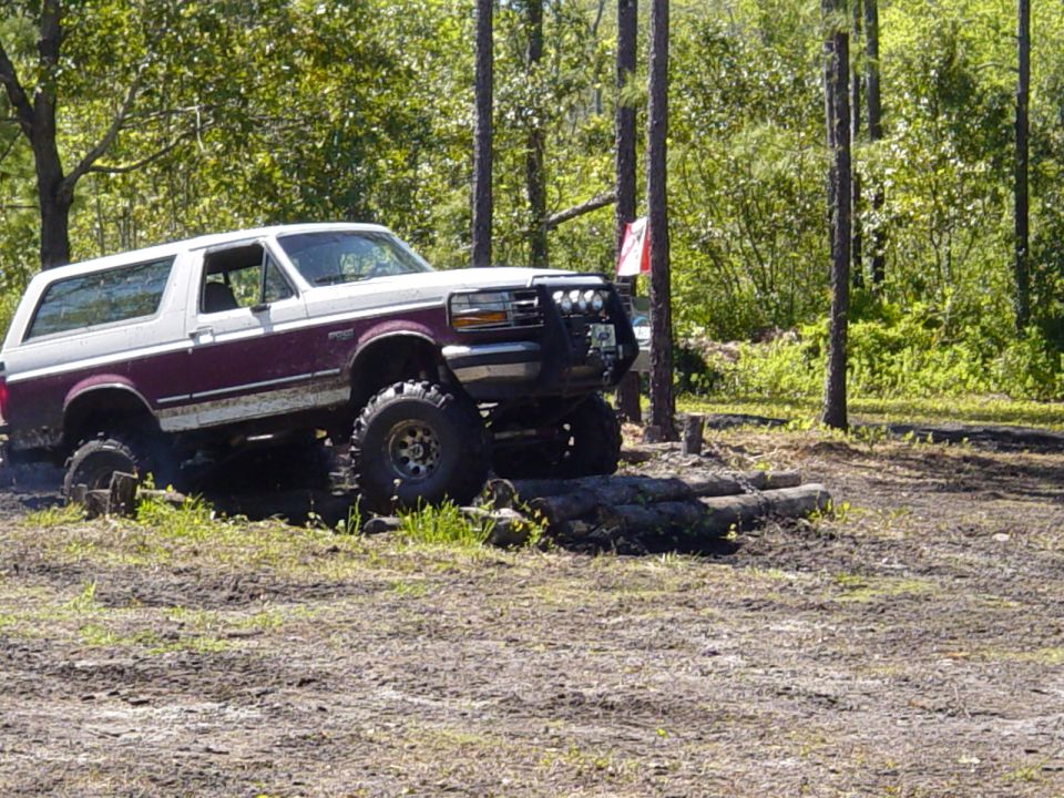 Lifted purple and white Ford Bronco crawling over logs at a wooded off-road park