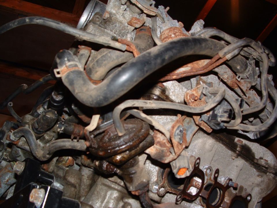 Close-up of engine components with hoses and rusty metal parts