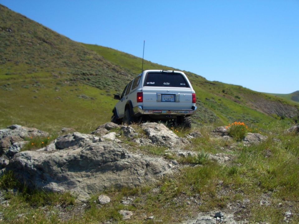 Silver SUV with topper climbing a rocky outcrop on a grassy hillside under blue sky